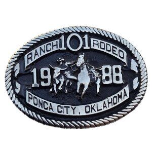 101 Ranch Rodeo Belt Buckle 1988 Ponca City Oklahoma Steer Wrestler Horse Cowboy